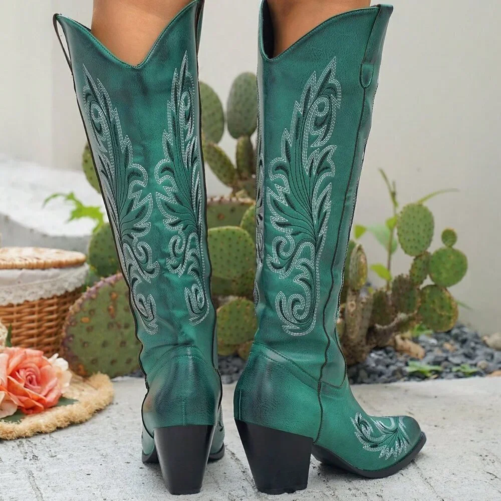 Dark Green Western Women's Embroidered Pull-On Knee High Boots